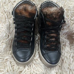 P448 Shearling Tongue High Top Sneaker. Black leather. Size 37. Worn once in box